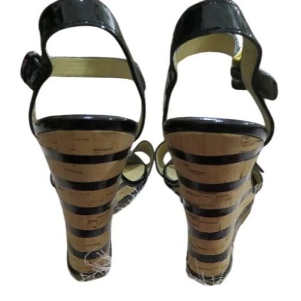 Michael Kors Embellished Buckled Black Italian Leather Wedge sandals heels